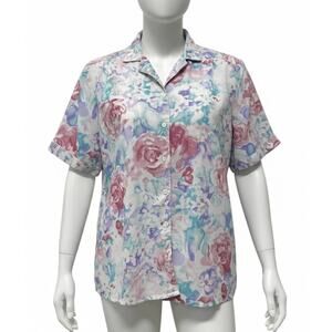 Vintage TanJay Button Up Shirt 14 Pink Teal Purple White Floral Short Sleeve